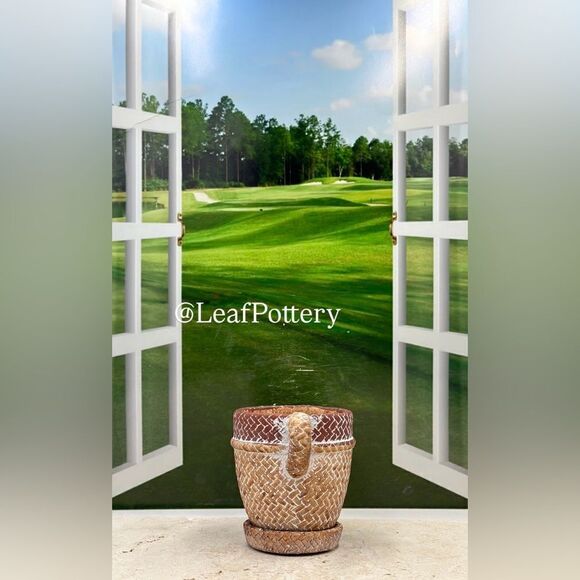 Brown Rattan Mug Stone Planter Pot with Saucer Included - Picture 7 of 10